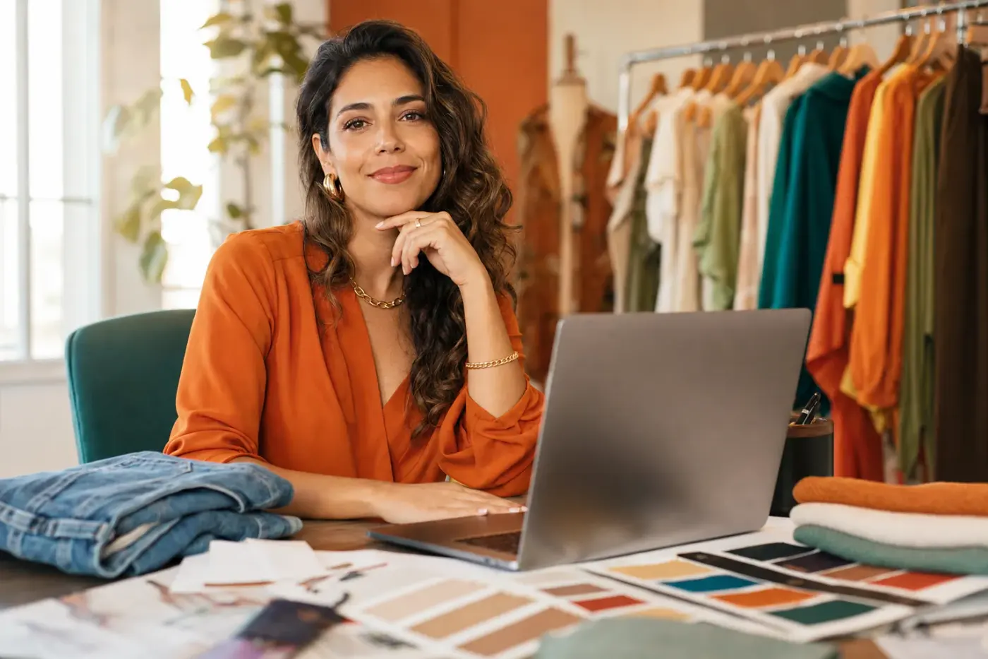 Dona de marca de atacado trabalhando no notebook em seu estúdio