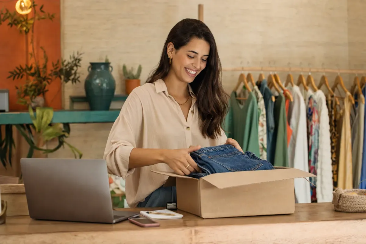 Lojista recebendo a caixa de peças jeans na loja, ao lado do notebook