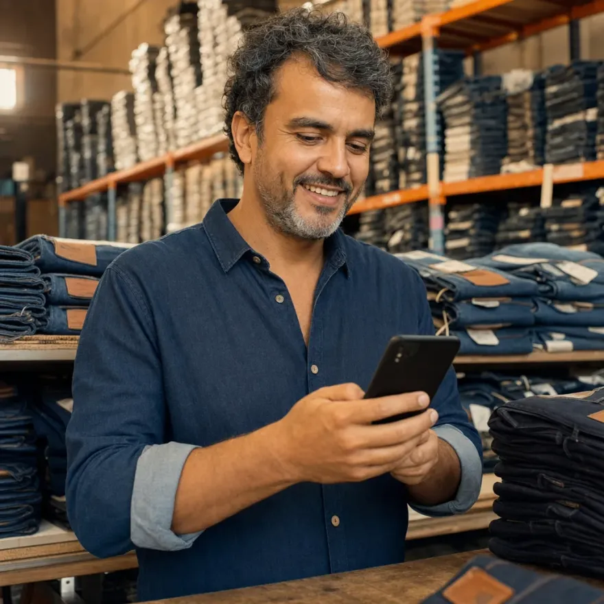 Vendedor de atacado respondendo uma cliente pelo celular no meio do estoque de jeans